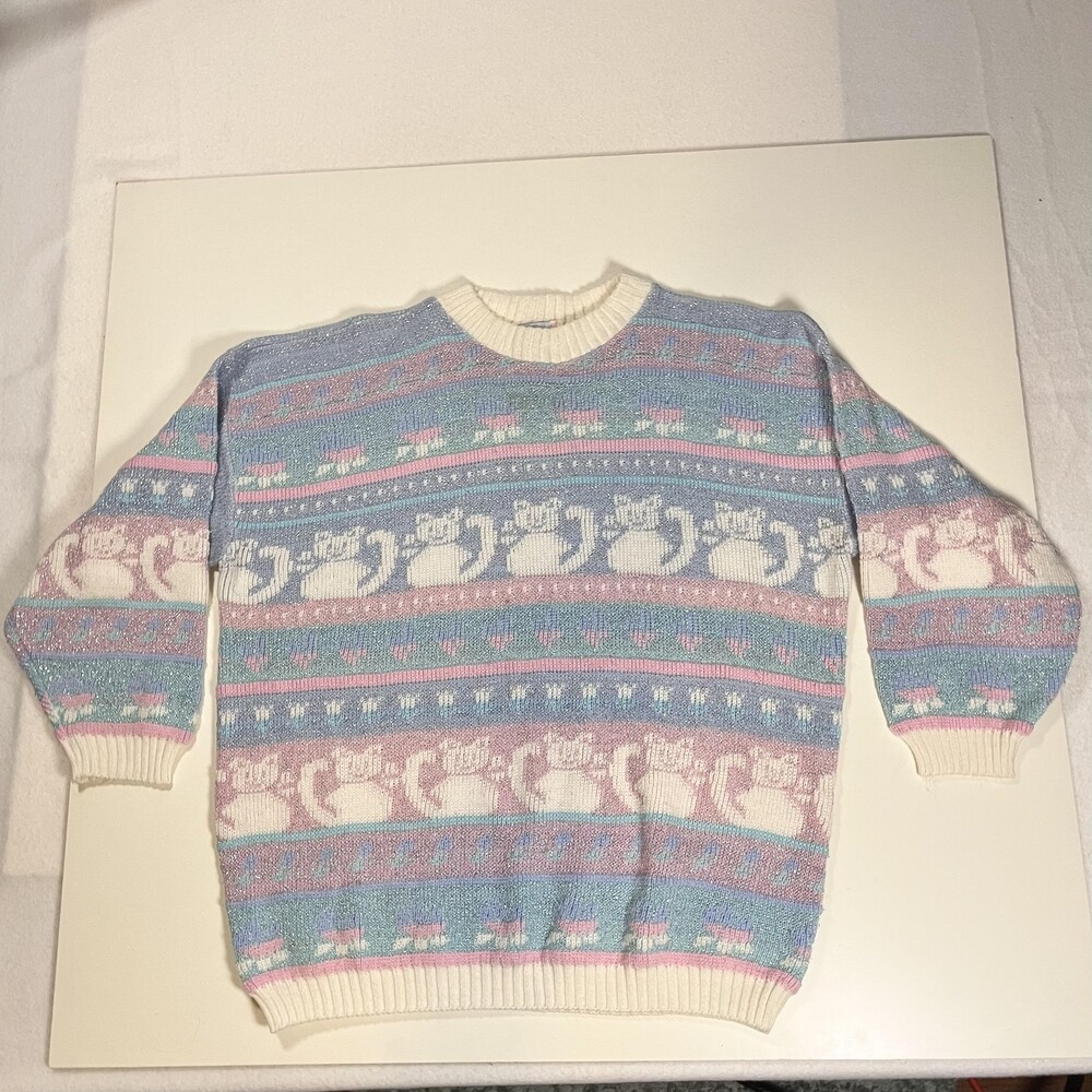 Vintage Fairy Kei Sweater Women Medium Rose Pastel Cat Print Lurex Knit USA 80s